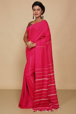 Women's Handloom Khes Cotton Saree  (Pink) 2