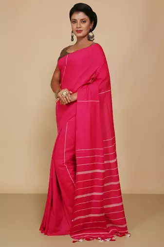 Women's Handloom Khes Cotton Saree  (Pink)