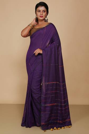Women's Handloom Khes Cotton Saree  (Violet)