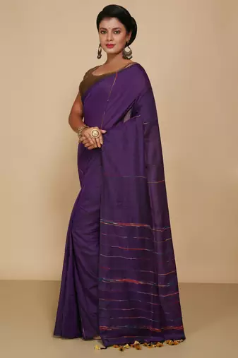 Women's Handloom Khes Cotton Saree  (Violet)