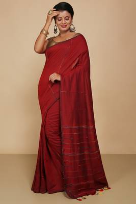 Women's Handloom Khes Cotton Saree  (Red) 1