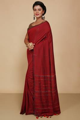 Women's Handloom Khes Cotton Saree  (Red) 2