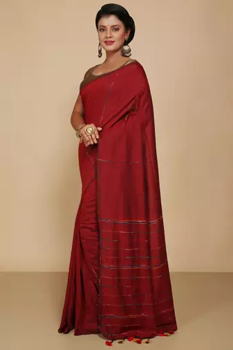 Women's Handloom Khes Cotton Saree  (Red)