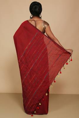 Women's Handloom Khes Cotton Saree  (Red) 3