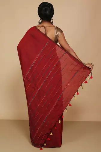 Women's Handloom Khes Cotton Saree  (Red)