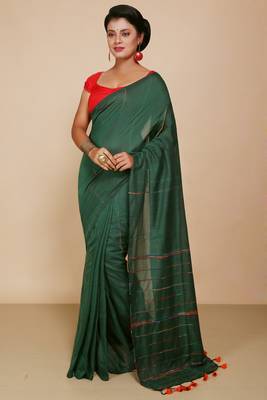 Women's Handloom Khes Cotton Saree   (Green) 1