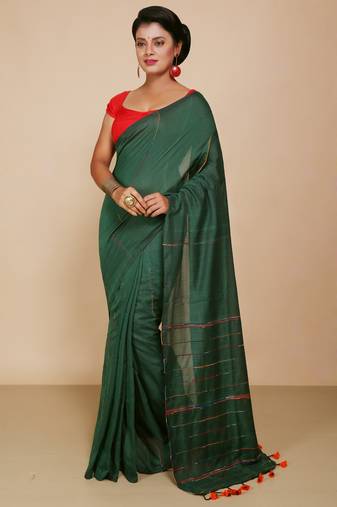 Women's Handloom Khes Cotton Saree   (Green)
