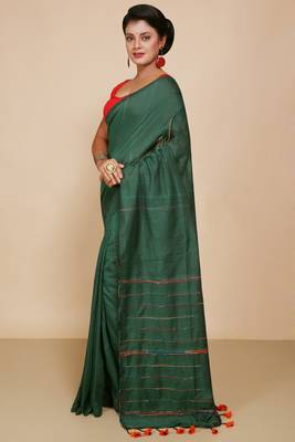 Women's Handloom Khes Cotton Saree   (Green) 2
