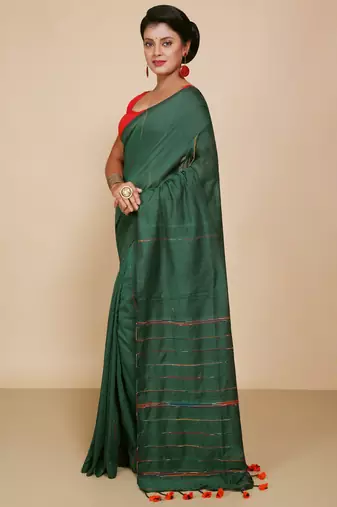 Women's Handloom Khes Cotton Saree   (Green)