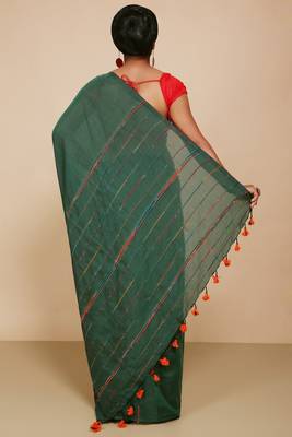 Women's Handloom Khes Cotton Saree   (Green) 3