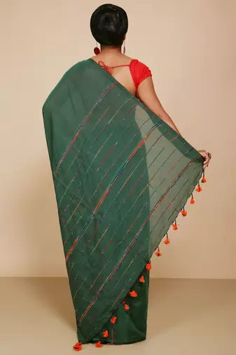 Women's Handloom Khes Cotton Saree   (Green)