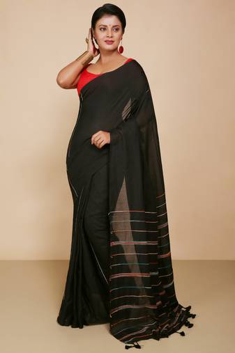 Women's Handloom Khes Cotton Saree   (Black)