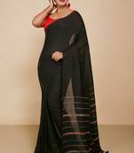 Women's Handloom Khes Cotton Saree   (Black)