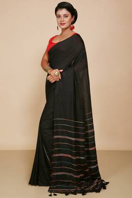 Women's Handloom Khes Cotton Saree   (Black) 2