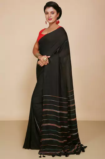 Women's Handloom Khes Cotton Saree   (Black)