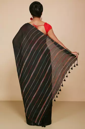 Women's Handloom Khes Cotton Saree   (Black)
