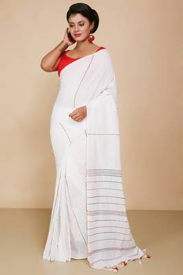 Women's Handloom Khes Cotton Saree   (White) 1
