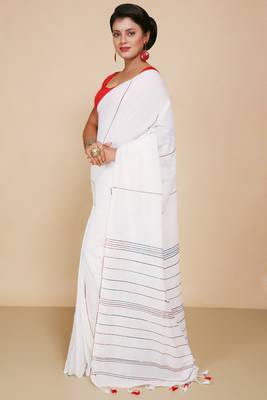 Women's Handloom Khes Cotton Saree   (White) 2