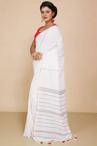 Women's Handloom Khes Cotton Saree   (White)