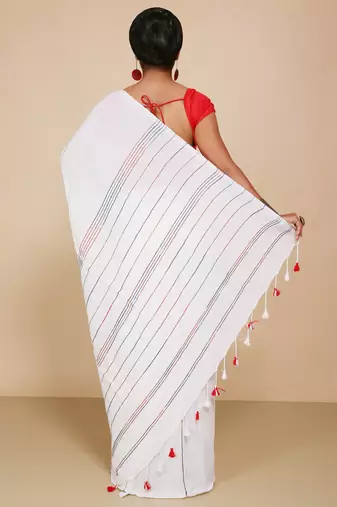 Women's Handloom Khes Cotton Saree   (White)
