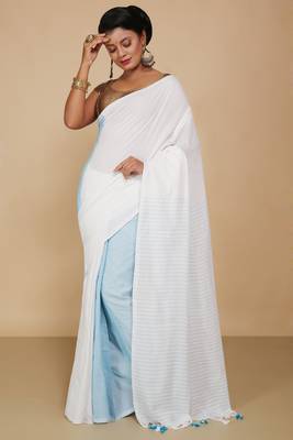 Cotton half half Colour molmol Saree Pallu Stripe With Blouse Piece (White Turquise) 1