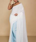 Cotton half half Colour molmol Saree Pallu Stripe With Blouse Piece (White Turquise)