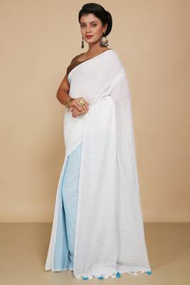 Cotton half half Colour molmol Saree Pallu Stripe With Blouse Piece (White Turquise) 2