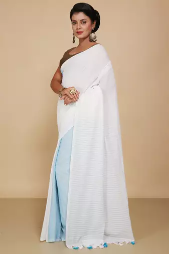 Cotton half half Colour molmol Saree Pallu Stripe With Blouse Piece (White Turquise)