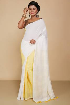 Cotton half half Colour molmol Saree Pallu Stripe With Blouse Piece (White Yellow) 1