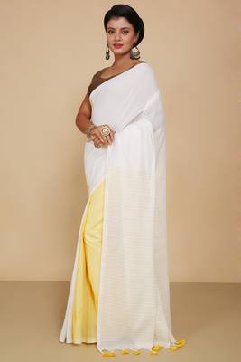 Cotton half half Colour molmol Saree Pallu Stripe With Blouse Piece (White Yellow) 2