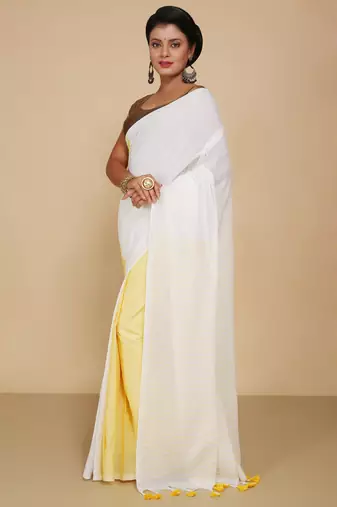 Cotton half half Colour molmol Saree Pallu Stripe With Blouse Piece (White Yellow)