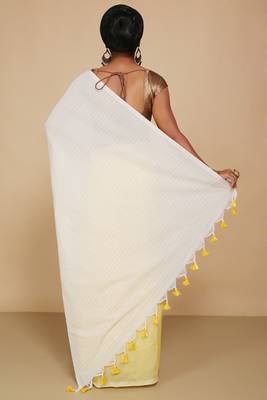 Cotton half half Colour molmol Saree Pallu Stripe With Blouse Piece (White Yellow) 3