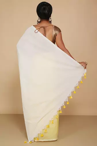Cotton half half Colour molmol Saree Pallu Stripe With Blouse Piece (White Yellow)