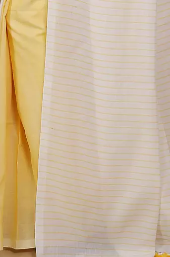 Cotton half half Colour molmol Saree Pallu Stripe With Blouse Piece (White Yellow)