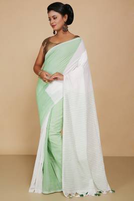 Cotton half half Colour molmol Saree Pallu Stripe With Blouse Piece (White Green) 1