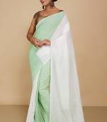 Cotton half half Colour molmol Saree Pallu Stripe With Blouse Piece (White Green)