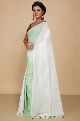Cotton half half Colour molmol Saree Pallu Stripe With Blouse Piece (White Green) 2