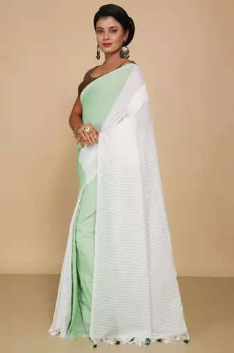 Cotton half half Colour molmol Saree Pallu Stripe With Blouse Piece (White Green)