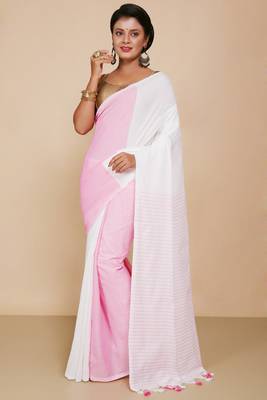 Cotton half half Colour molmol Saree Pallu Stripe With Blouse Piece (White Pink) 1