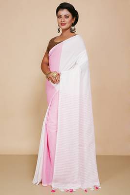 Cotton half half Colour molmol Saree Pallu Stripe With Blouse Piece (White Pink) 2