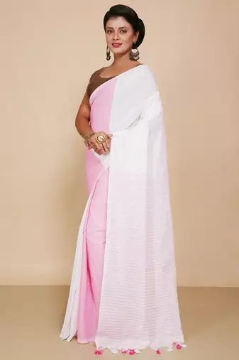 Cotton half half Colour molmol Saree Pallu Stripe With Blouse Piece (White Pink)
