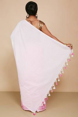 Cotton half half Colour molmol Saree Pallu Stripe With Blouse Piece (White Pink) 3