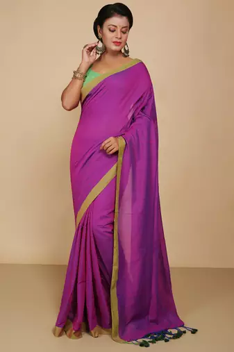 Women's Handloom Cotton Border mol mol Saree  (Magenda)