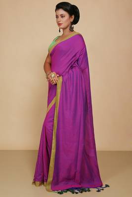 Women's Handloom Cotton Border mol mol Saree  (Magenda) 2