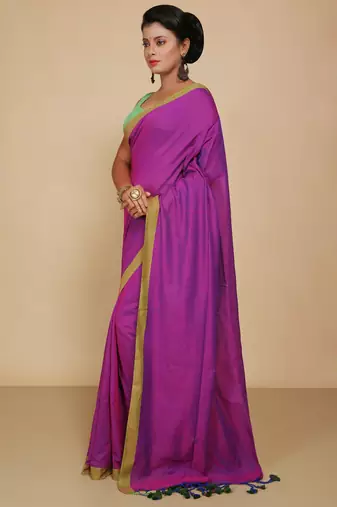 Women's Handloom Cotton Border mol mol Saree  (Magenda)