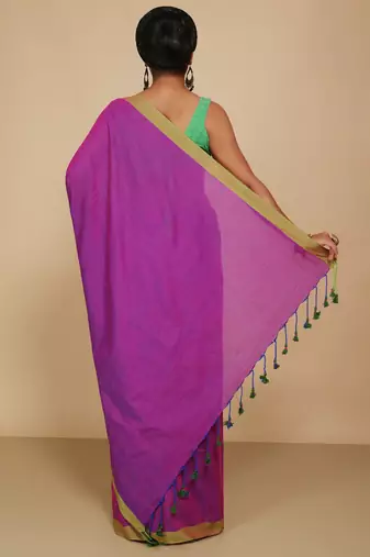 Women's Handloom Cotton Border mol mol Saree  (Magenda)