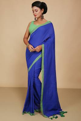 Women's Handloom Cotton Border mol mol Saree  (Blue) 1