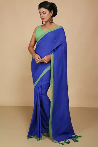 Women's Handloom Cotton Border mol mol Saree  (Blue)