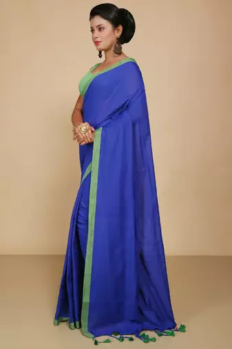 Women's Handloom Cotton Border mol mol Saree  (Blue)