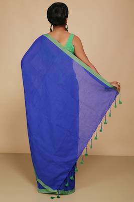 Women's Handloom Cotton Border mol mol Saree  (Blue) 3